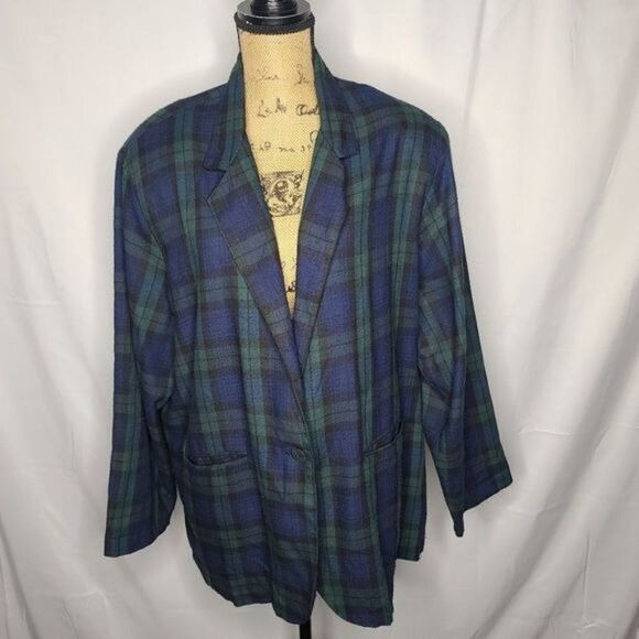 Vintage 90s Dark Green Navy Plaid Grunge Oversized Blazer Size 18/20 XXXL - Picture 3 of 12